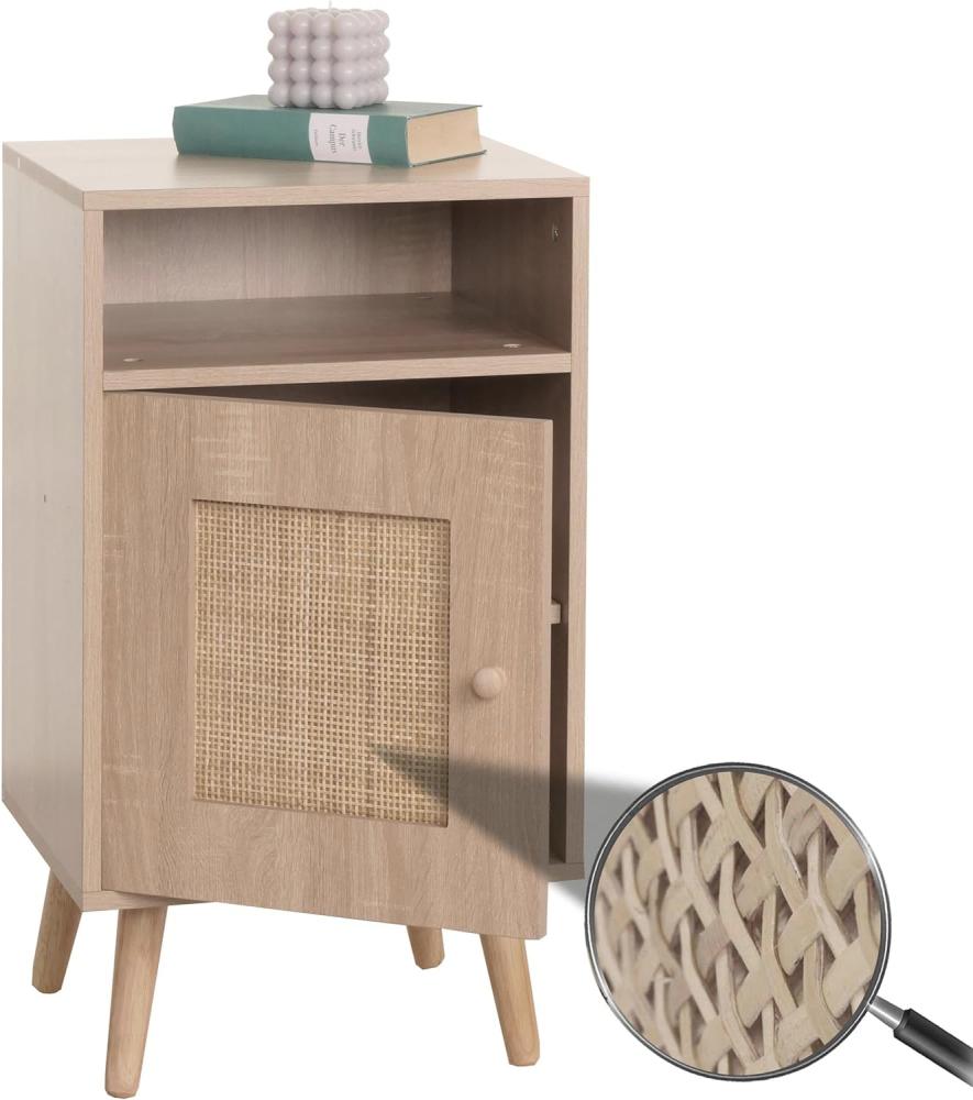 Nachttisch HWC-M39, Nachtschrank Kaffeetisch Beistelltisch, Staufächer, Kubu Rattan Holz Melamin, Eiche-Optik 71x40x41cm Bild 1