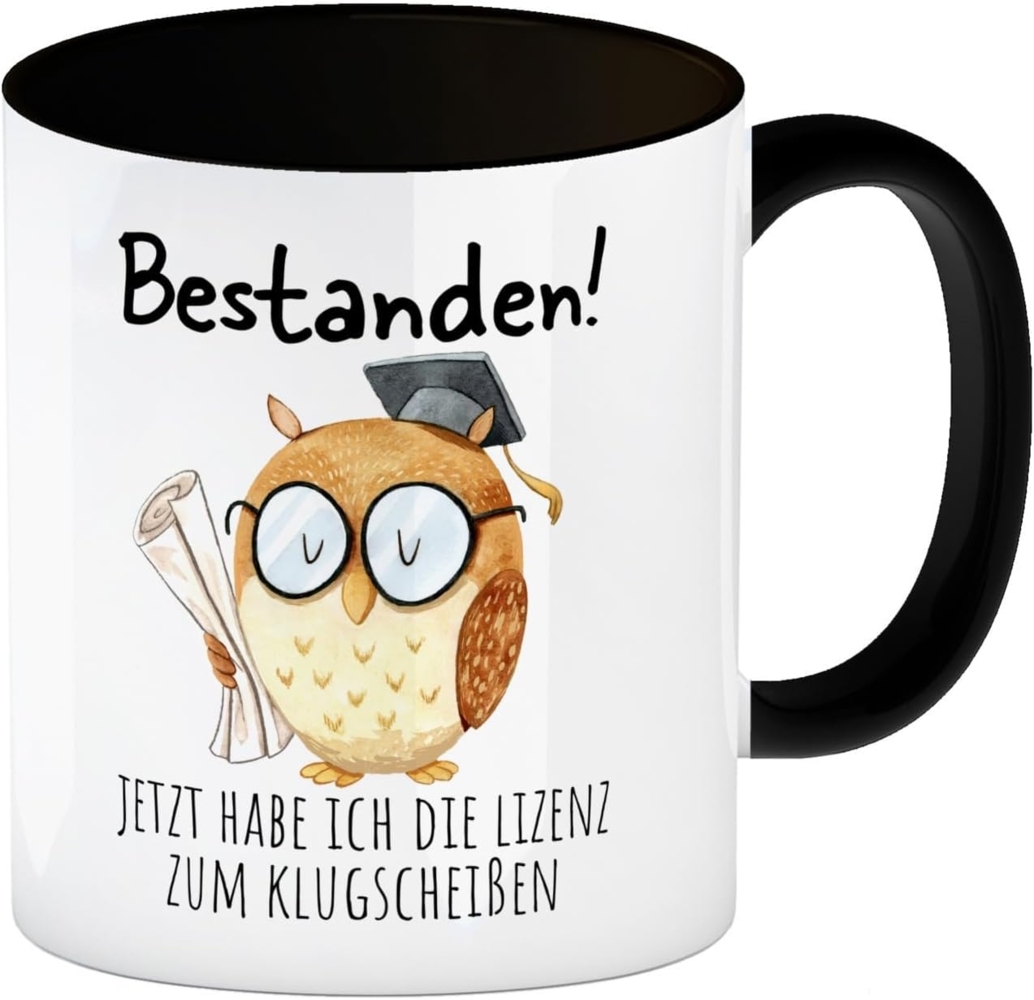 speecheese Tasse Bestandene Prüfung Eule Kaffeebecher in schwarz mit Spruch Lizenz zum Bild 1