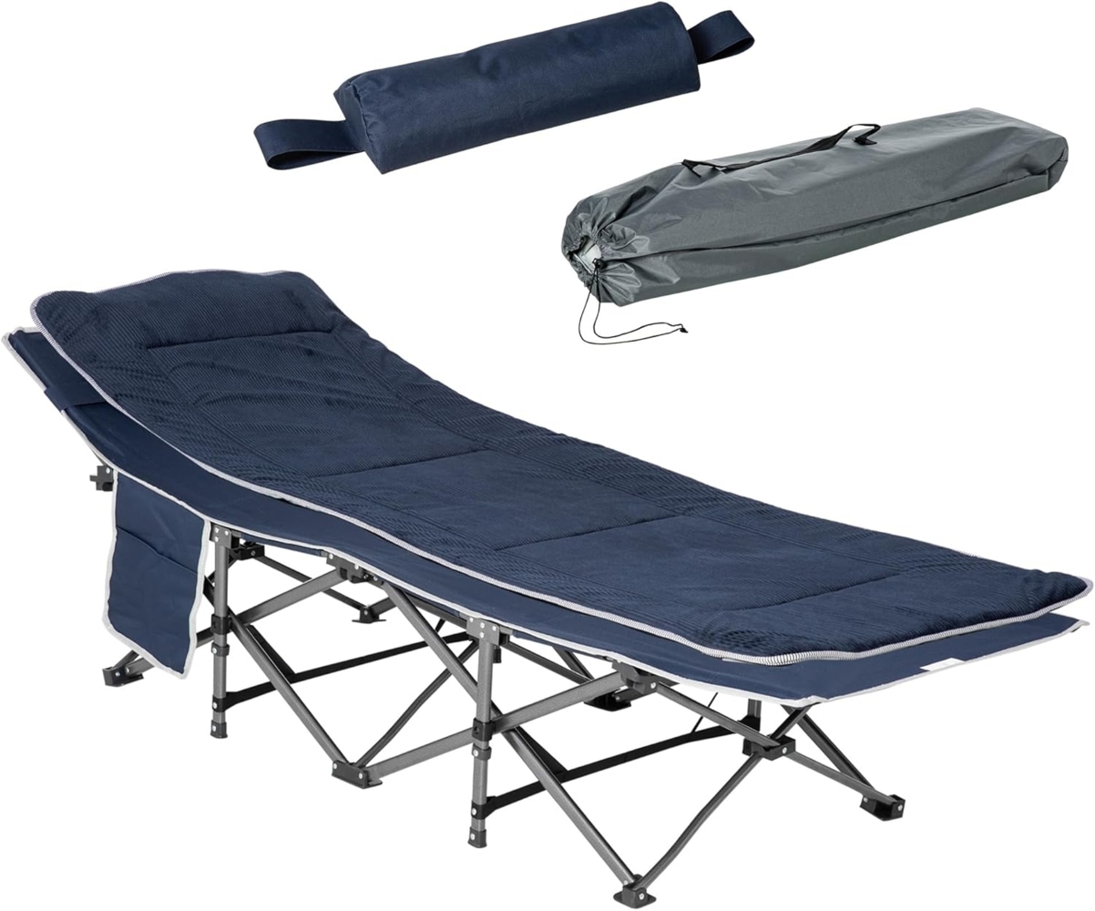 Outsunny Feldbett klappbares Klappbett (Campingbett mit Kopfkissen, Seitentasche, 1-St, Gästebett bis 150 kg belastbar) Reisen, Outdoor, Oxford, Dunkelblau Bild 1