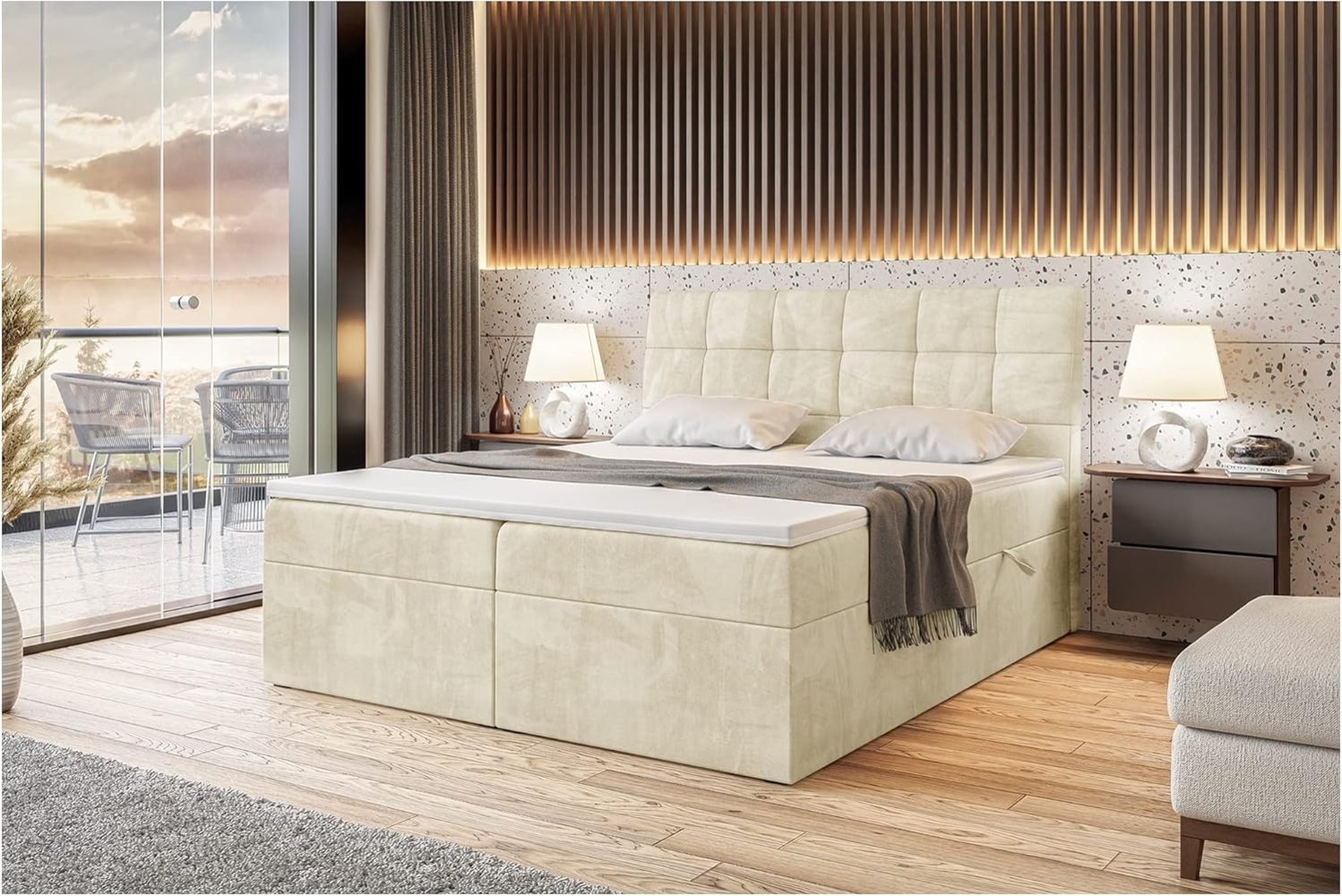 MEBLINI Boxspringbett DRAGO 160x200 cm mit Bettkasten - H4/Beige Samt Polsterbett - Doppelbett mit Topper & Taschenfederkern-Matratze Bild 1