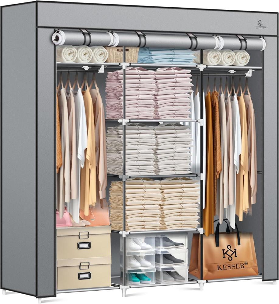 KESSER® Kleiderschrank Stoffschrank Stabil mit Kleiderstange & Ablagen, Inkl. 5X Kleiderbügel, Stoff Faltschrank für Schlafzimmer, Ankleidezimmer Garderobe mit Kleiderständer 150x45x175cm Grau Bild 1