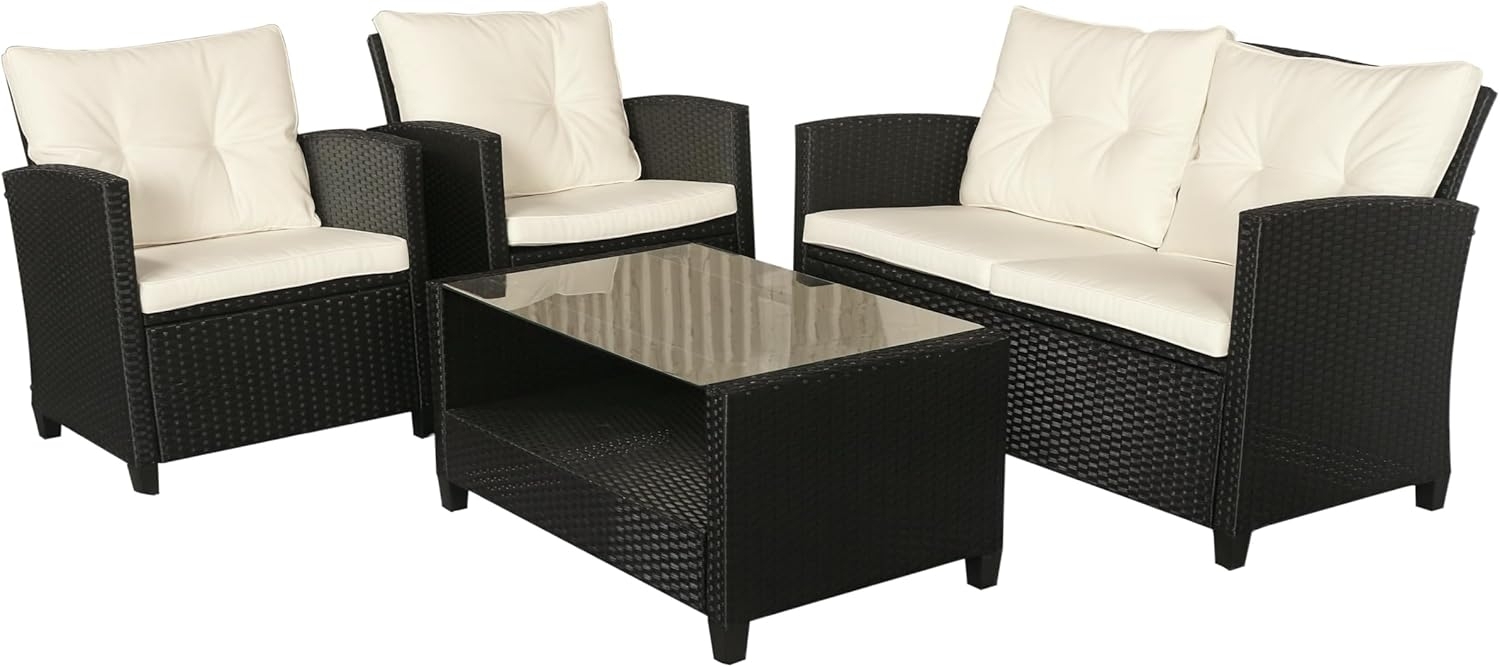 Outsunny Sitzgruppe Polyrattan Sitzgarnitur 4 TLG, (Gartenset, 4-tlg, Sitzgruppe), Metall Luxus Schwarz 124L x 68B x 76H cm Bild 1