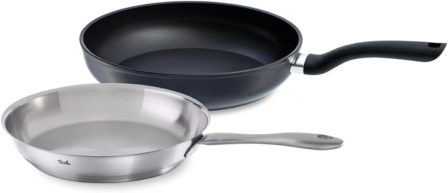 Fissler Pfannen-Set, 2-teilig / Catania unbeschichtete Edelstahl-Pfanne (Ø 24 cm) & Cenit beschichtete Aluminium-Pfanne( Ø 28 cm) – Induktions-geeignet, Schwarz Bild 1