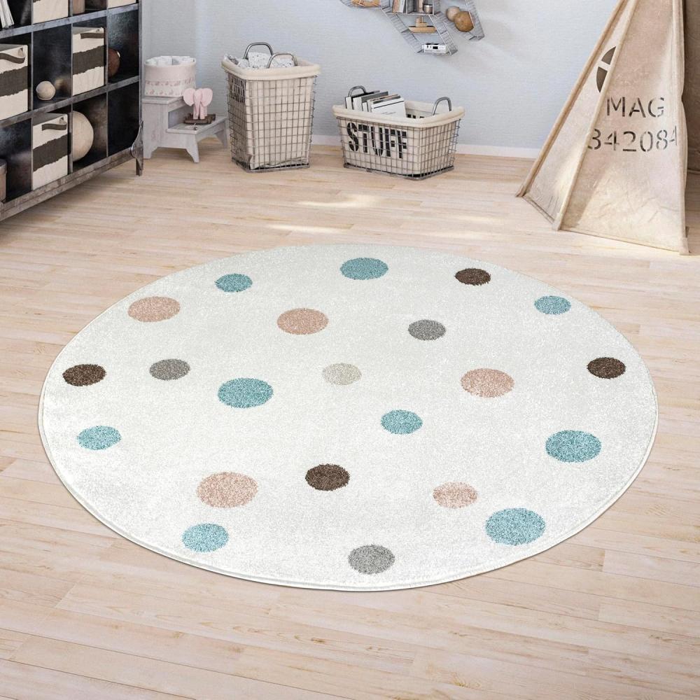 Jimri Kinderteppich DOTS l Pünktchen Gepunktet l Öko-Tex Siegel | Farbe: Beige Blau Rosa | Kinderzimmer/Jugendzimmer (Weiß, Ø 150 cm Rund) Bild 1