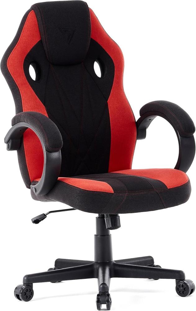 SENSE7 Gaming Stuhl Prism, ergonomischer Gaming Sessel, Gaming Chair mit Wippfunktion, Gepolsterte Armlehnen, Stoff Bürostuhl bis 120kg, PC Stuhl Schwarz-Rot Bild 1