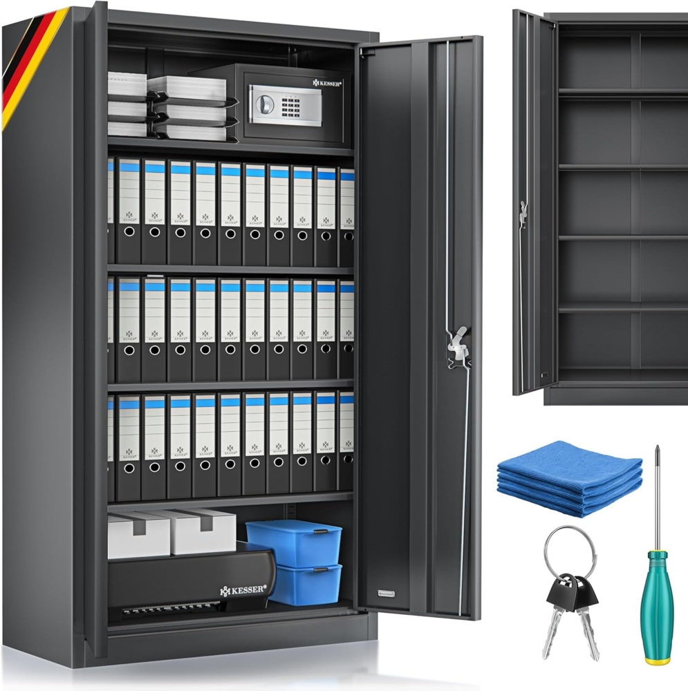 KESSER® Aktenschrank abschließbar mit Flügeltüren 180x60x40cm | Büroschrank aus Stahl mit 4 höhenverstellbaren Einlegeböden | Mehrzweckschrank 5 flexible Fächer, max. 40 kg pro Fach, inkl. 2 Schlüssel Schwarz, 180 x 80 x 40 cm Bild 1