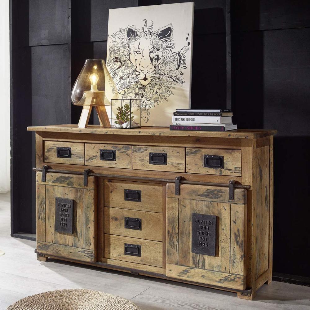 Kommode GINGO Mangoholz Sideboard rustikal Rolltür mit Eisen 1500 Bild 1