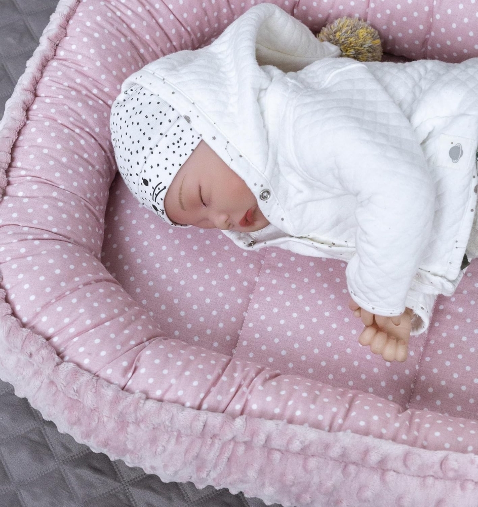 Mini PUNKTE Rosa/MINKY Altrosa Baumwolle Polar Fleece Babynest Neugeborene Baby Unterlage Reisebett Nestchen SOLO/o. Ausstattung SET für Mädchen (Nestchen SOLO) Bild 1