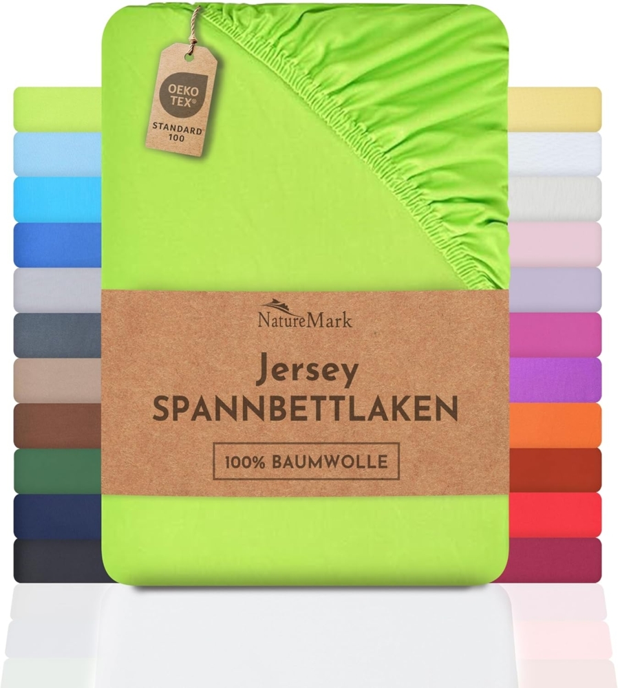 NatureMark Jersey Spannbettlaken, Spannbetttuch 100% Baumwolle in vielen Größen und Farben MARKENQUALITÄT ÖKOTEX Standard 100 | 200x220 cm +40 Steg - Apfel grün Bild 1