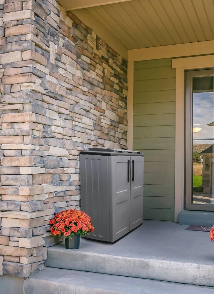 Dmora - Andenne Abfallbehälter, Abfallbehälter, 2-türiger Recyclingbehälter, 100 % Made in Italy, 68 x 37 x 84 cm, Grau und Schwarz, kariertes Finish Bild 1