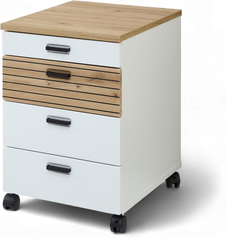 Stella Trading Glenn Rollcontainer Schreibtisch in Weiß, Artisan Eiche Optik - Mobiler Büroschrank mit Schubladen - 45 x 66 x 55 cm (B/H/T) Bild 1
