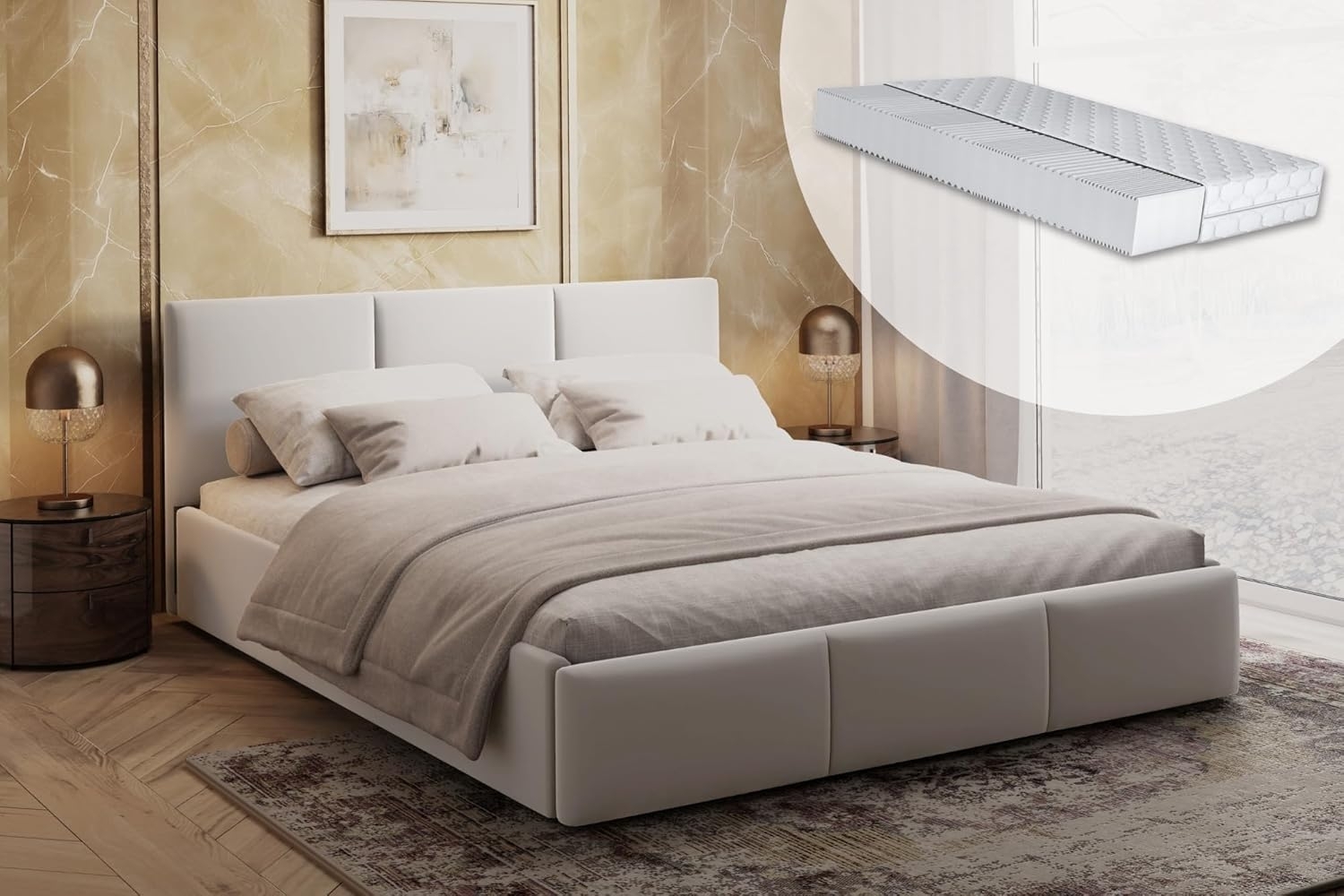 Home Collective Polsterbett Doppelbett 140x200 160x200 cm mit Lattenrost aus Metall, mit Stauraum mit Bettkasten mit Matratze 140x200 cm in beige samt Bild 1