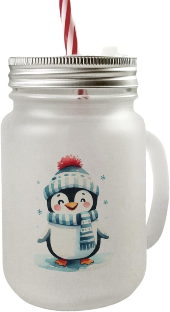 speecheese Glas lustiger Pinguin Mason Jar Henkel Trinkglas mit Deckel Bild 1