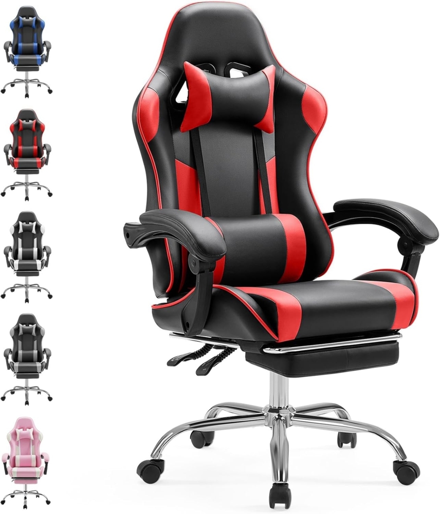 Sweetcrispy Gaming Stuhl,Ergonomischer Bürostuhl mit Fußstütze,Gamer PC Stühle mit Kopfstütze Lendenkissen,90-150° einstellbar Gaming Chair,Leder Drehbar Schreibtischstuhl Computerstuhl,Rot Bild 1