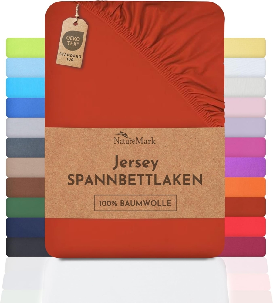 NatureMark Jersey Spannbettlaken, Spannbetttuch 100% Baumwolle in vielen Größen und Farben MARKENQUALITÄT ÖKOTEX Standard 100 | 200x220 cm +40 Steg - rost rot Bild 1