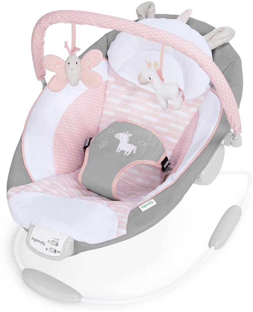 Ingenuity, Babywippe mit Vibration und 8 Melodien, Flora the Unicorn - abnehmbare spielbogen, gepolsterter Kopfstütze, Sicherheitsgurt, Babysitz ,Lautstärkeregler, grau / rosa, ab der Geburt bis 9kg Bild 1