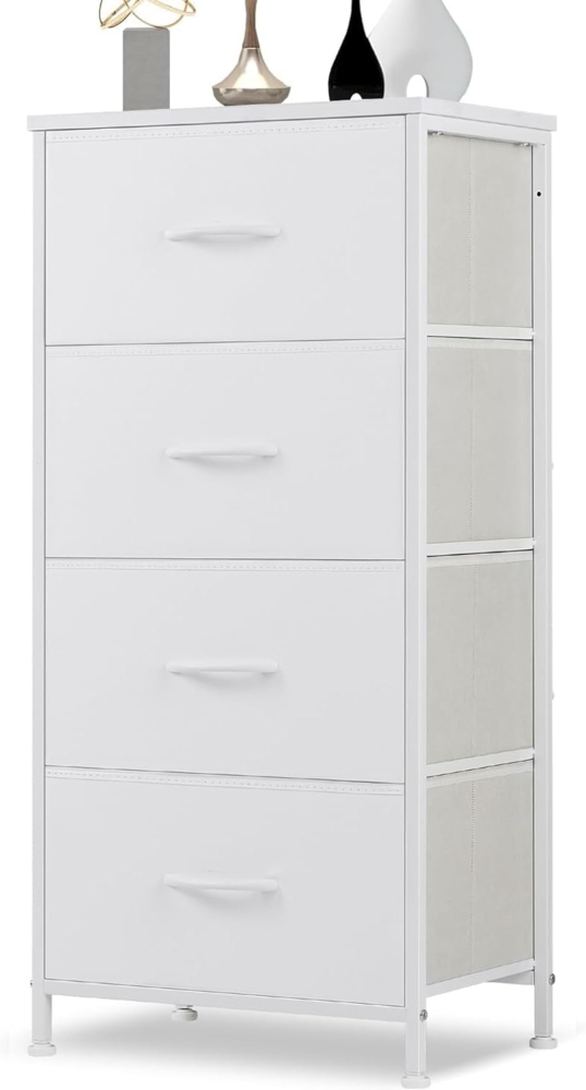 DUMOS Kommode mit Schubladen - kommoden & Sideboards für Schlafzimmer Geeignet, Komodenschrank mit 4 Schubladen, Stoffkommode mit Stabilem Stahlrahmen, Ideal für Schlafzimmer, Wohnzimmer (Weiß) Bild 1