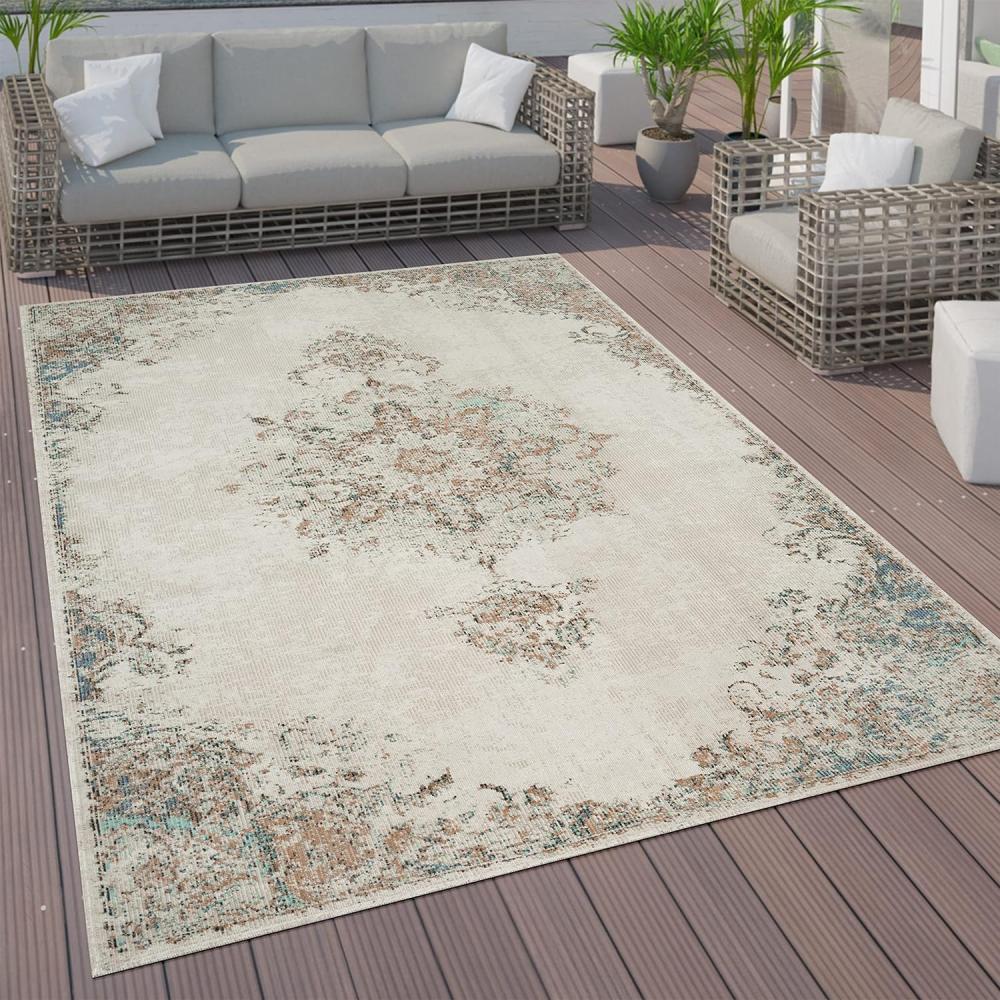 Paco Home Outdoor Teppich Kurzflor Garten Terrasse Wohnzimmer Vintage Pastell Orientalisches Muster Modern, Grösse:140x200 cm, Farbe:Creme 4 Bild 1