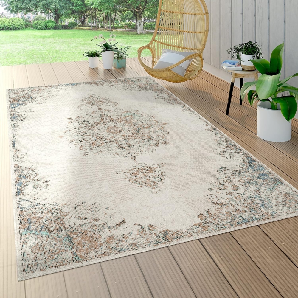 Paco Home Outdoor Teppich Kurzflor Garten Terrasse Wohnzimmer Vintage Pastell Orientalisches Muster Modern, Grösse:140x200 cm, Farbe:Creme 4 Bild 1