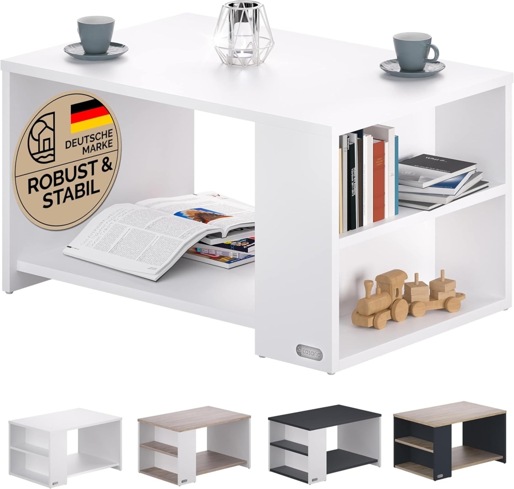 Casaria Couchtisch Santa Cruz, Holz Weiß mit Stauraum 90x60x50cm 2 Ablagen Eckig Matt Modern Bild 1