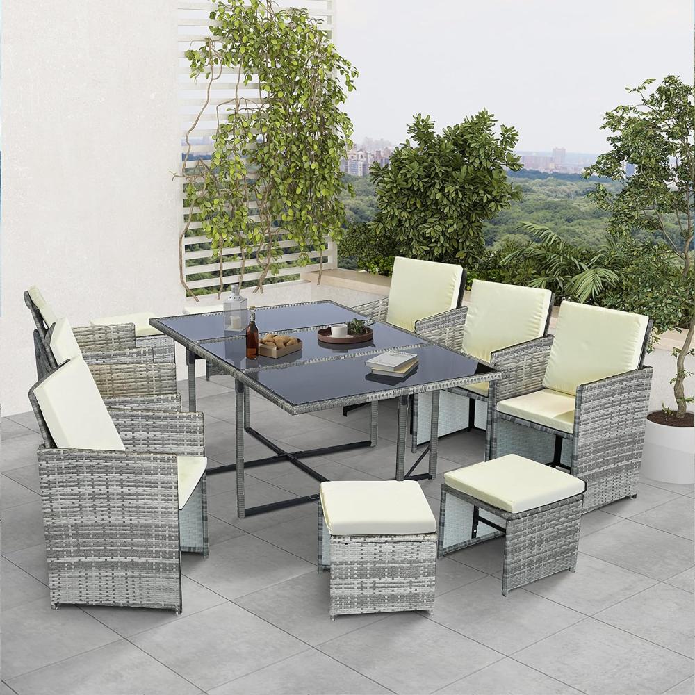 Ribelli Gartenmöbel Set 11-Teilig, Balkonmöbel aus Polyrattan, Wetterfest Terassenmöbel, Sitzgruppe, Sitzgarnitur mit Esstisch, Kissen, Hocker, Stapelbar, für Rasen, Terrasse, Balkon, Garten, Grau Bild 1