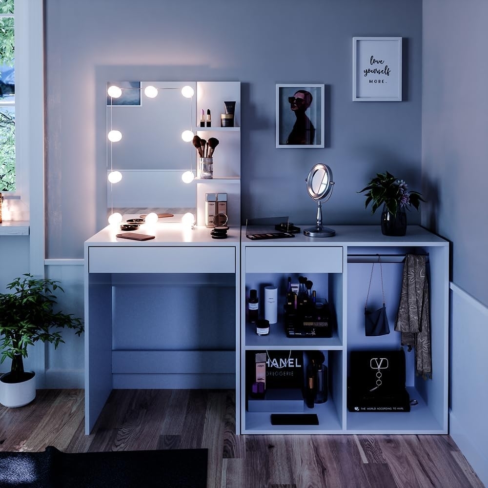 Vicco Schminktisch Weiß 60 cm mit LED Beleuchtung und Schrank, Isabelle Bild 1