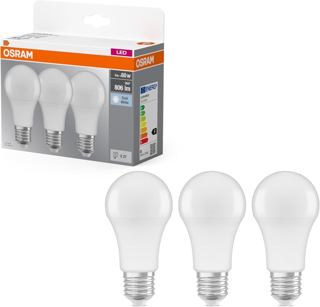 Osram LED-Lampe Base Classic A60 Kolbenform 8W 840, 4000K kaltweiß, E27, matt, 806 lm, nicht dimmbar, IP20 Bild 1