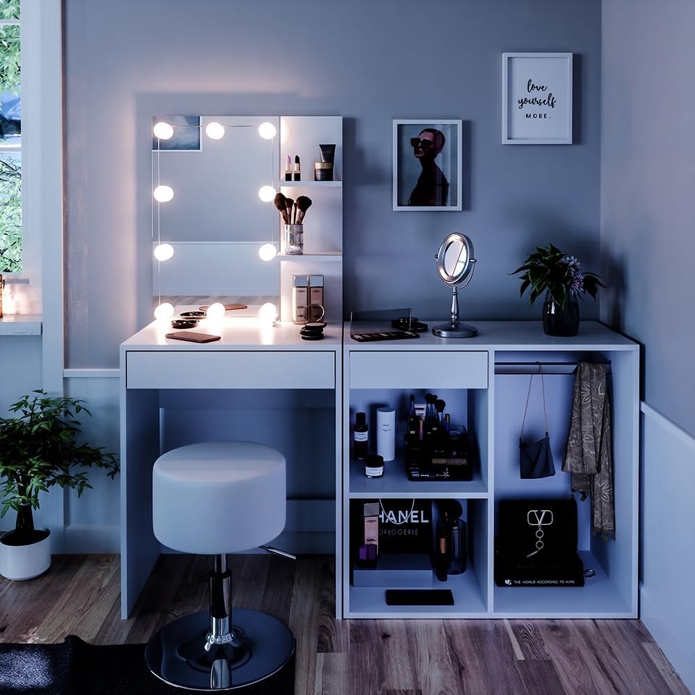 Vicco Schminktisch Weiß 60 cm mit LED, Hocker und Schrank, Isabelle Bild 1