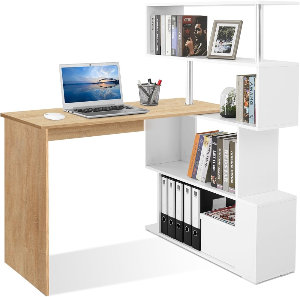 Mondeer Eckschreibtisch Schreibtisch, mit 360 Grad Drehbarem Bücherregal 157 x 45 x 130,5 cm Bild 1