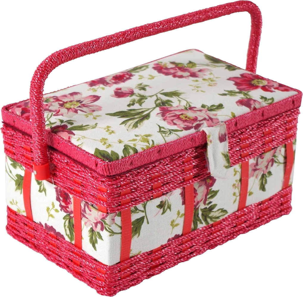 Kobolo Nähkorb Nähkästchen eckig rot mit Blumenmuster und Henkel (mit Organisationseinsatz) Bild 1