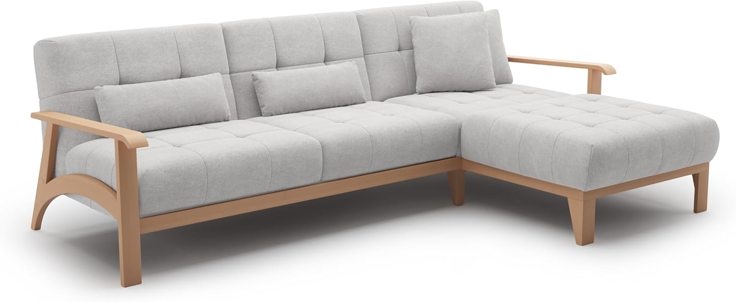 Cavadore Ecksofa Billan / Eckcouch im skandinavischen Design mit Longchair und massivem Holzgestell in Buche / 264 x 88 x 183 / Mikrofaser, Hellgrau Bild 1