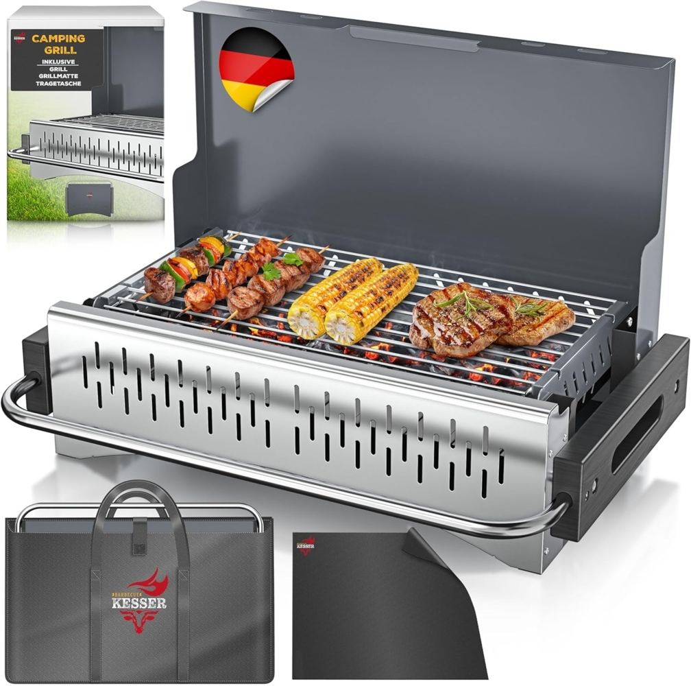 KESSER® Klappgrill tragbarer Camping Grill | Holzkohlegrill aus pulverbeschichtetem Stahl inklusive Grillrost, Grillmatte & Tragetasche | Faltbar BBQ ideal für Camping, Picknick & Angeln Anthrazit, Ohne Beine Bild 1