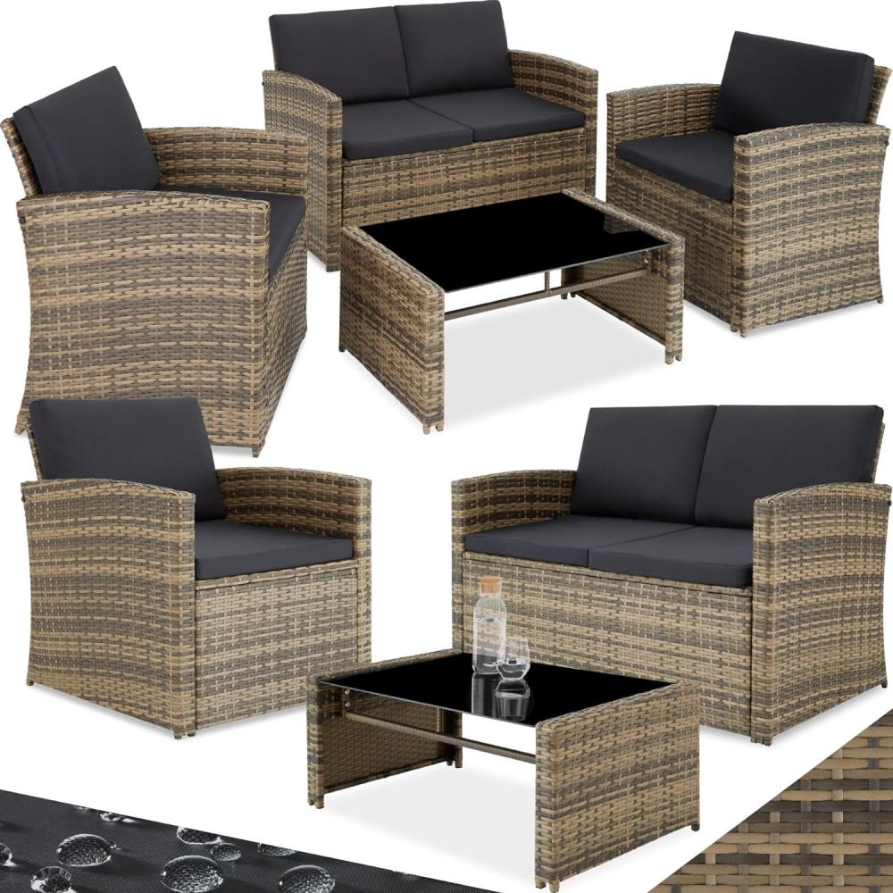 tectake Lounge Gartenmöbel Set Poly Rattan für den Garten, Möbel für den Balkon, 12-teilige Garten Lounge (wetterfest), Essgruppe mit Outdoor Sofa, Sessel und Tisch für 4 Personen (Natur/Dunkelgrau) Bild 1