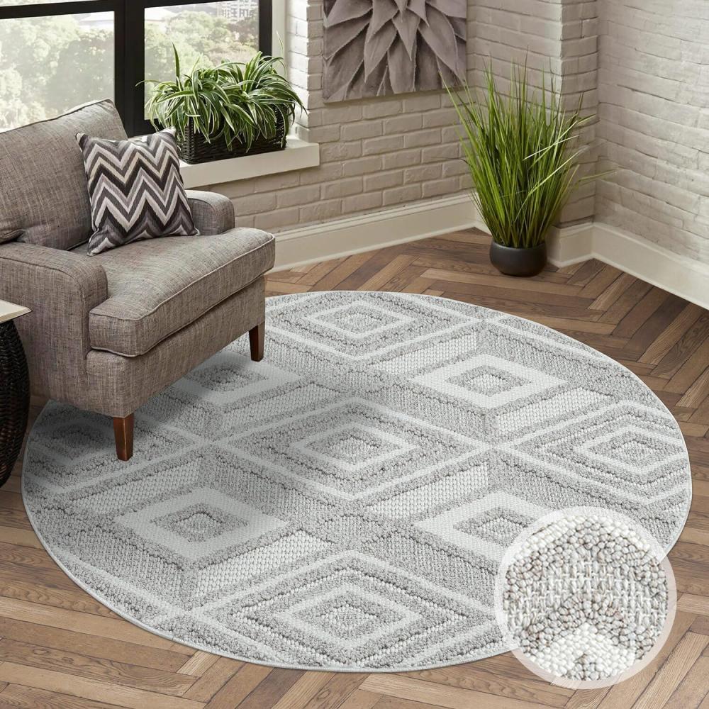 carpet city Teppich Kurzflor Wohnzimmer - Grau, Beige - 120x120 cm Rund - Teppiche Boho-Style - Rauten-Muster - Schlafzimmer, Esszimmer Bild 1