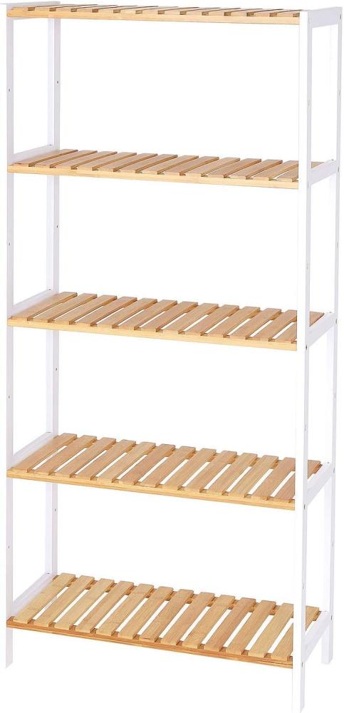 dibea Bambusregal mit 5 verstellbaren Ablageflächen, Schuhschrank, Badezimmerregal, Wohnzimmerregal, Standregal, Badregal, Bücherregal, Küchenregal, zu Regalwand kombinierbar, 60 x 26 x 130 cm (naturfarben / weiß) Bild 1