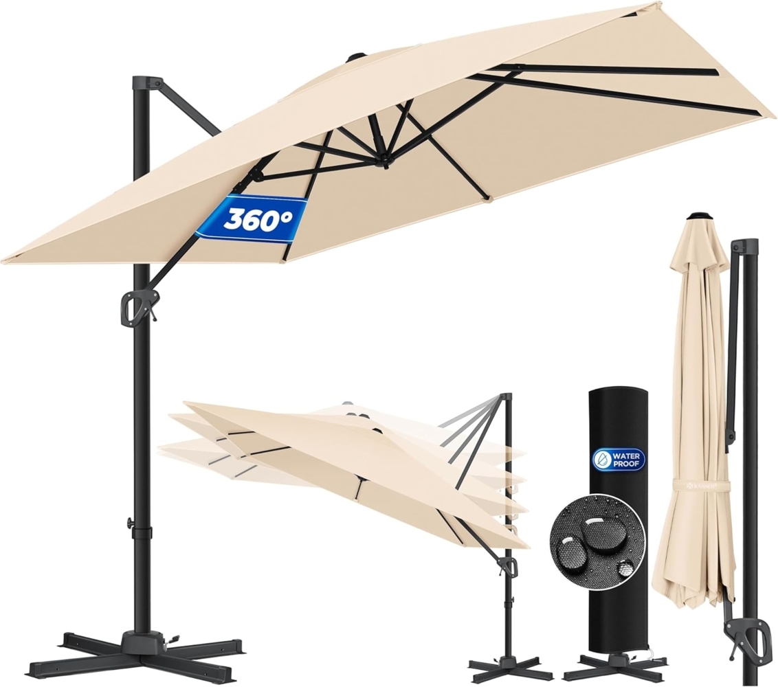 KESSER® Sonnenschirm Ampelschirm SUN XL 300 x 300 cm Inkl. Abdeckung +Windsicherung Drehbar Neigbar Kippbar Marktschirm Groß 360° Rotation, Gartenschirm mit Kurbel Sonnenschutz UV50+ Taupe, Ohne LED Bild 1