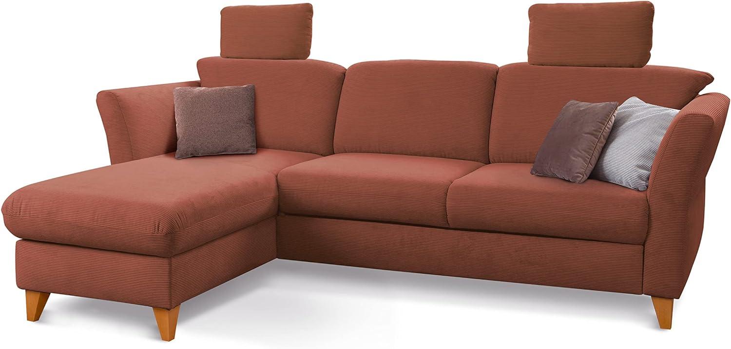 CAVADORE Schlafsofa Trend / Skandinavische Eckcouch mit Federkern, Bettfunktion, Bettkasten im Longchair und 2 Kopfstützen / 249 x 86 x 162 / Cord, Kupfer Bild 1