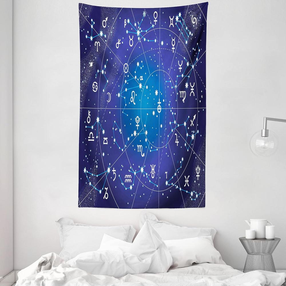 ABAKUHAUS Astrologie Wandteppich, Sternbild Tierkreis und Planeten Originalkoordinaten der Himmelskörper Muster, aus Weiches Mikrofaser Stoff Wand Dekoration Für Schlafzimmer, 140 x 230 cm, Dunkelblau Bild 1