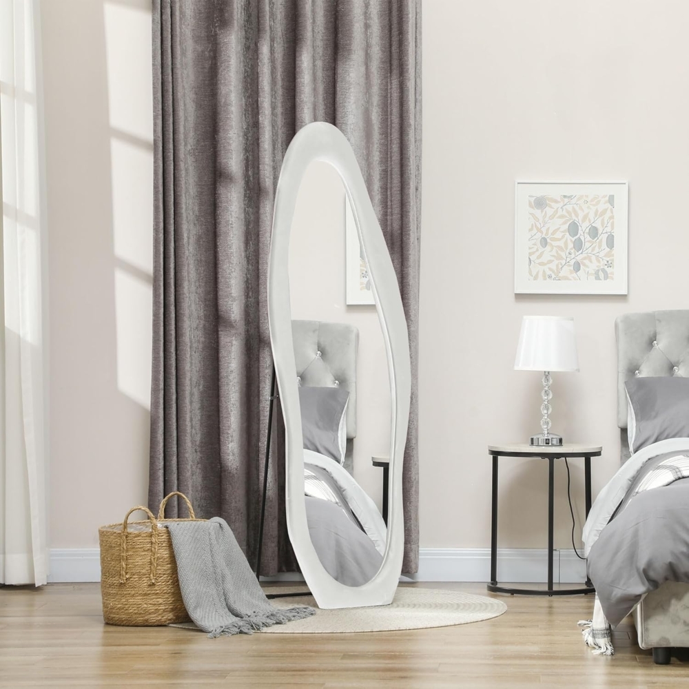 HOMCOM Standspiegel 50 x 160 cm mit samtartiger Rahmenbezug (Wandspiegel, 1-St, Ganzkörperspiegel), für Schlafzimmer, Wohnzimmer, Weiß Bild 1