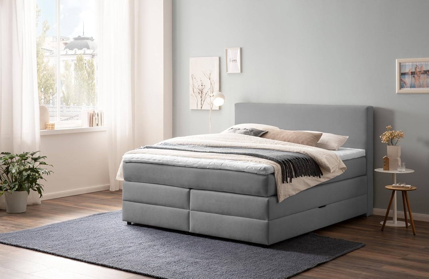 Belanoti Boxspringbett LOFT (Boxspringbett 180x200 mit Bettkasten, 7-Zonen Taschenfederkern Matratze inklusive Visco Topper), Bett 180x200 in der Farbe Hellgrau H2/H3 Polsterbett Bild 1