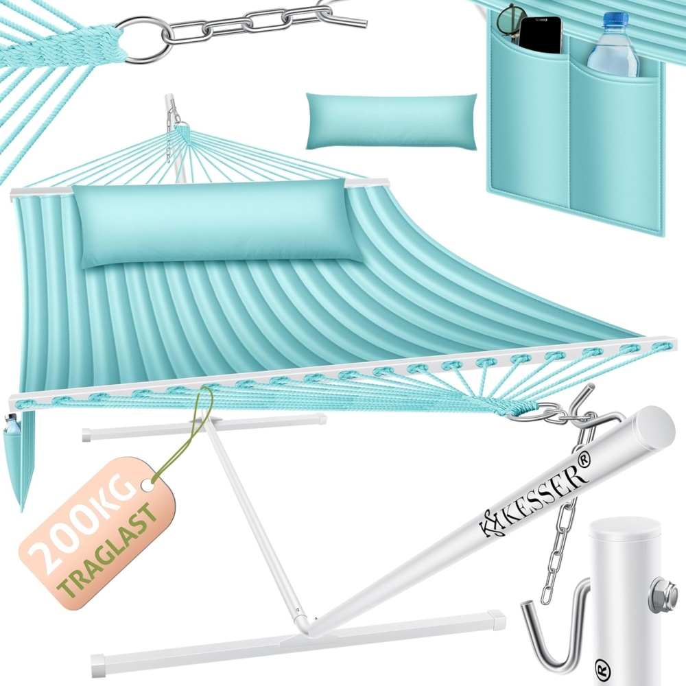 KESSER® Hängematte HILL mit Gestell Kissen Doppelhängematte für 2 Personen-Stabiler Rahmen -200kg Belastbarkeit Indoor & Outdoor XXL Hängesessel Doppel Mehrpersonen Garten Pool Balkon Terrasse Grau / Blau Bild 1