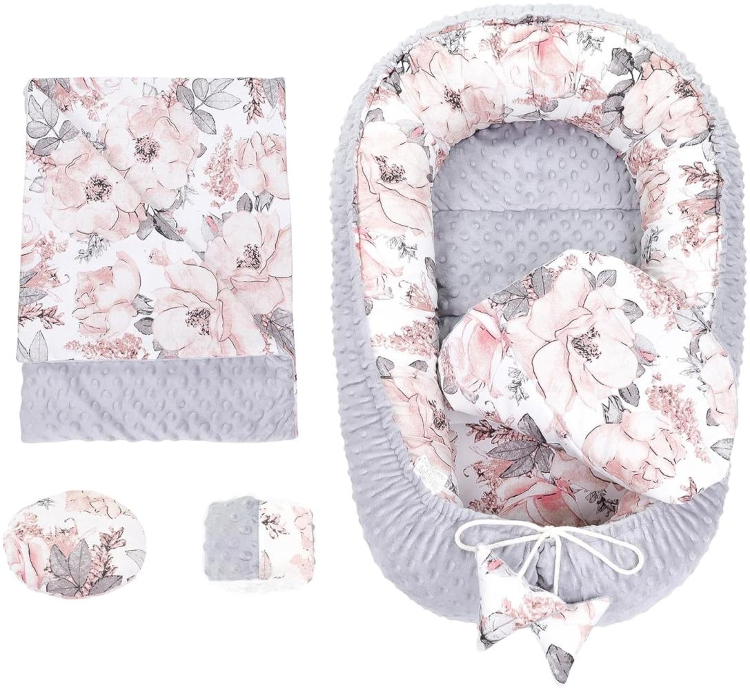 Babynestchen Set Neugeborene 90x50 cm Minky - Kuschelnest Baby Nestchen 5-teilig Kokon Wilde Rose Hellgrau Bild 1