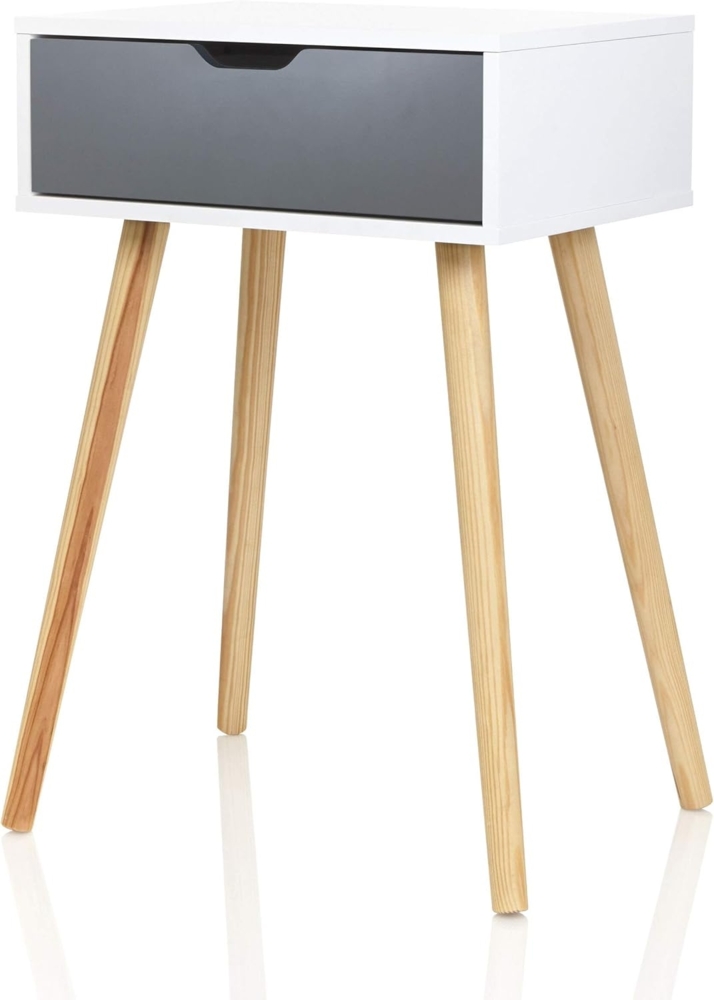 Möbelfreude Doluna Tjark Nachttisch Weiß mit Schublade in Anthrazit | Weiss mit Füßen aus Massivholz | 40 x 30 x 60 cm | Beistelltisch Nachtkonsole Nachtschrank Bild 1