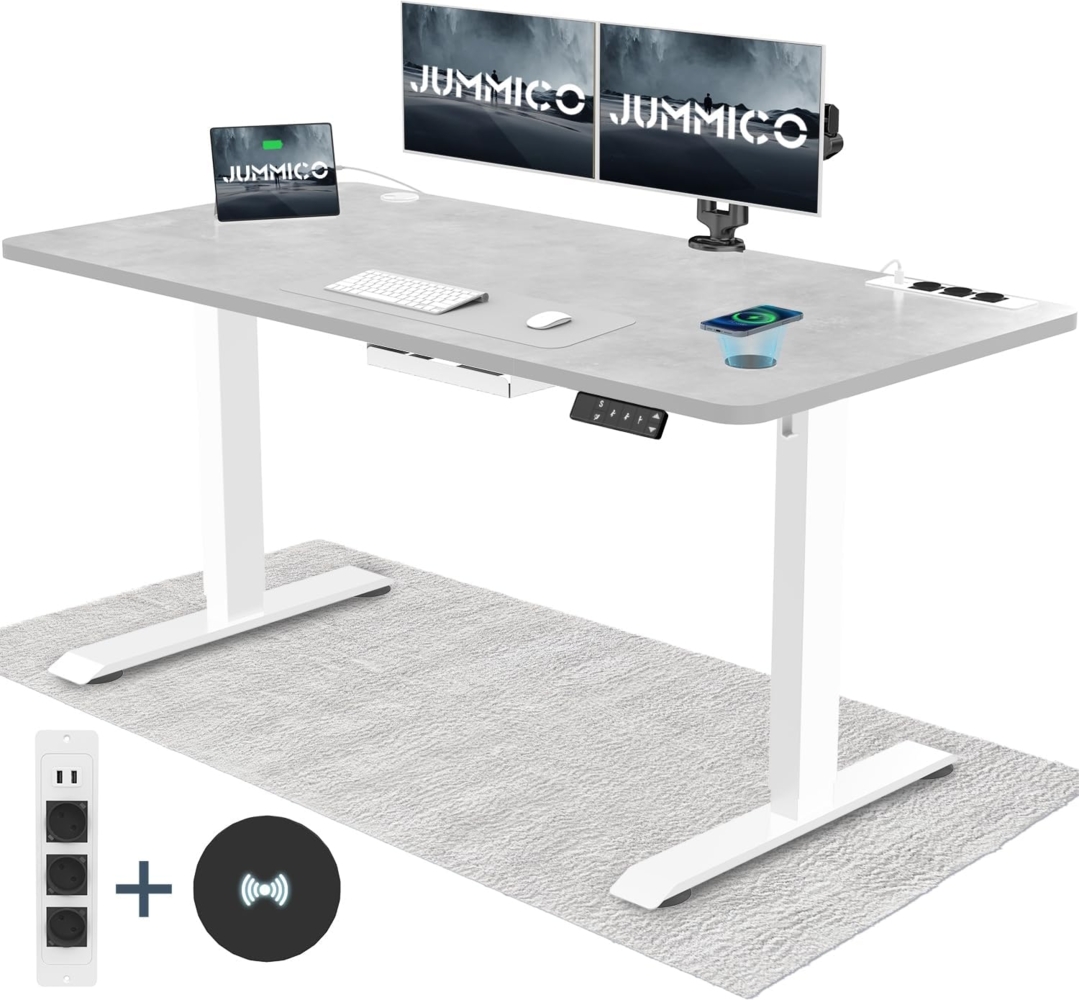 JUMMICO Höhenverstellbarer Schreibtisch mit Kabelloser Ladestation und Euro-Steckdose mit USB, Schreibtisch Höhenverstellbar Elektrisch Stehtisch, Standing Desk (Grau 140x70 cm) Bild 1