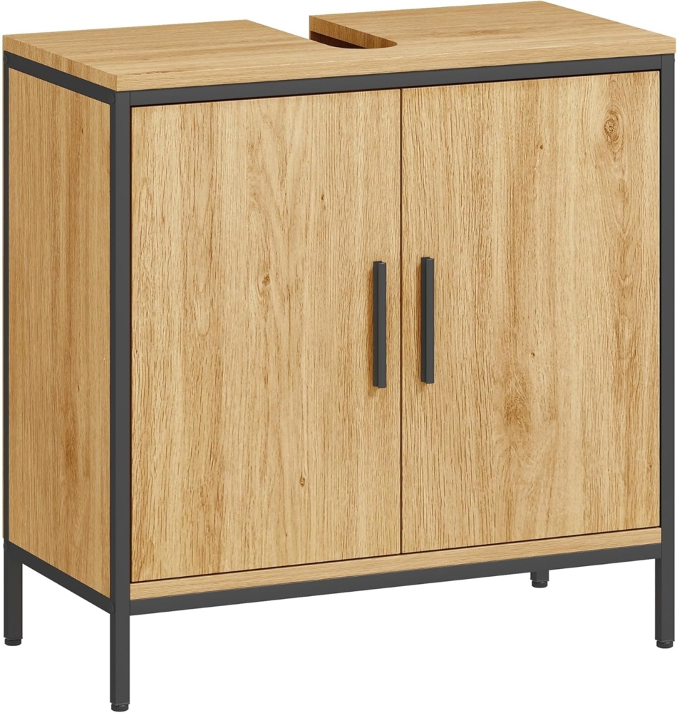 HOMCOM Waschbeckenunterschrank mit 2 Türen, einstellbarem Regal, Stahlrahmen (60x30x60 cm Badezimmerschrank, 1-St, Unterschrank) mit U-förmigen Ausschnitt, für Waschbecken ohne Sockel, Eiche Bild 1