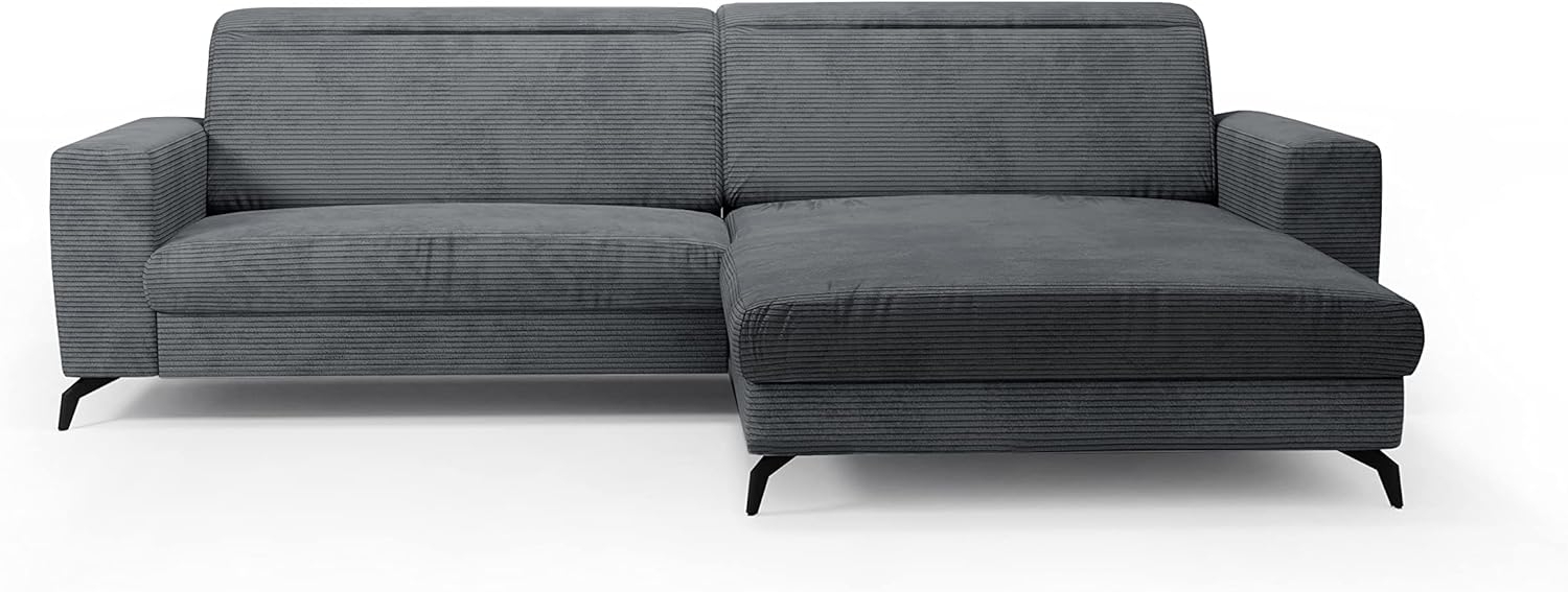 CAVADORE Ecksofa Bounce mit Cord-Bezug / L-Form-Sofa mit Longchair + mattschwarzen Metallfüßen / 290 x 88 x 178 / Breitcord, Grau Bild 1