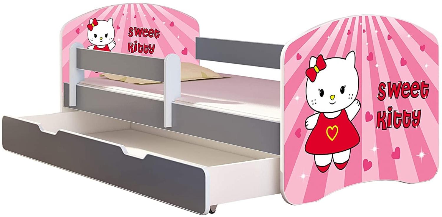 ACMA Kinderbett Jugendbett mit Einer Schublade und Matratze Grau mit Rausfallschutz Lattenrost II (15 Sweet Kitty, 180x80 + Bettkasten) Bild 1