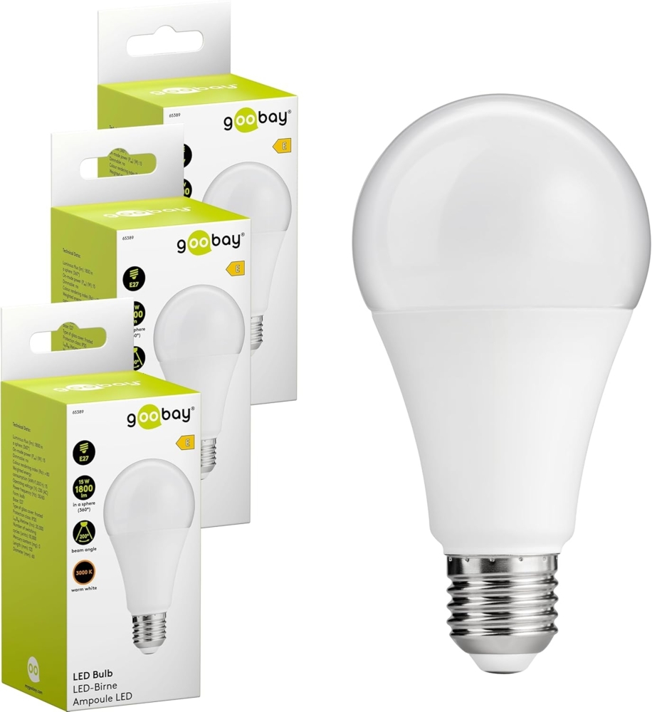 goobay 74110 E27 LED Birne 15 Watt - Warmweiße Lampe für E27 Fassungen - Energiesparend, Mattiert - Ersatz für Glühbirne - 3 Stück, Weiß Bild 1