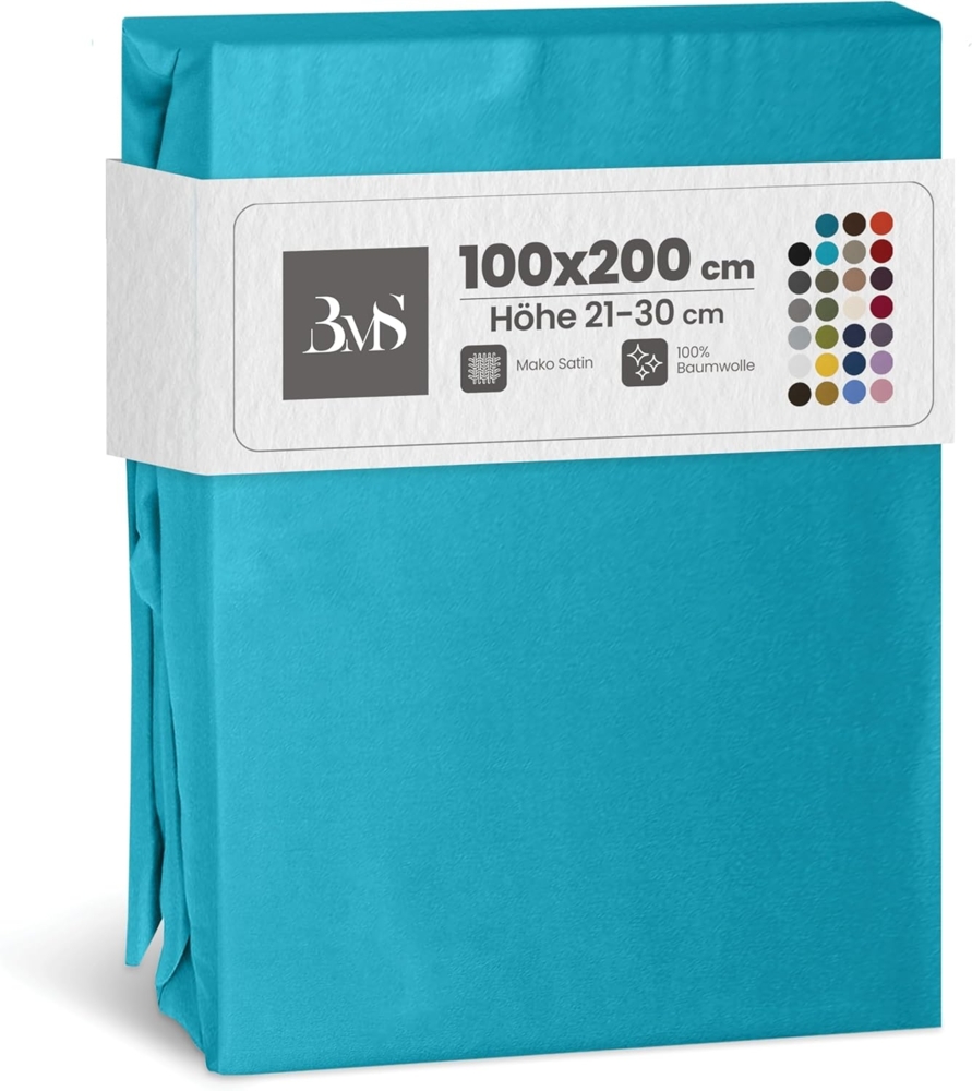 Bettwaesche-mit-Stil Mako-Satin Spannbettlaken türkis 100x200cm Höhe 21-30cm Bild 1