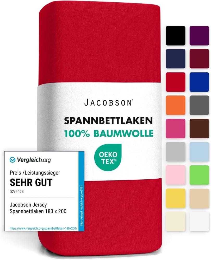 Jacobson Jersey Spannbettlaken Spannbetttuch Baumwolle Bettlaken (140x200-160x200 cm, Rot) Bild 1